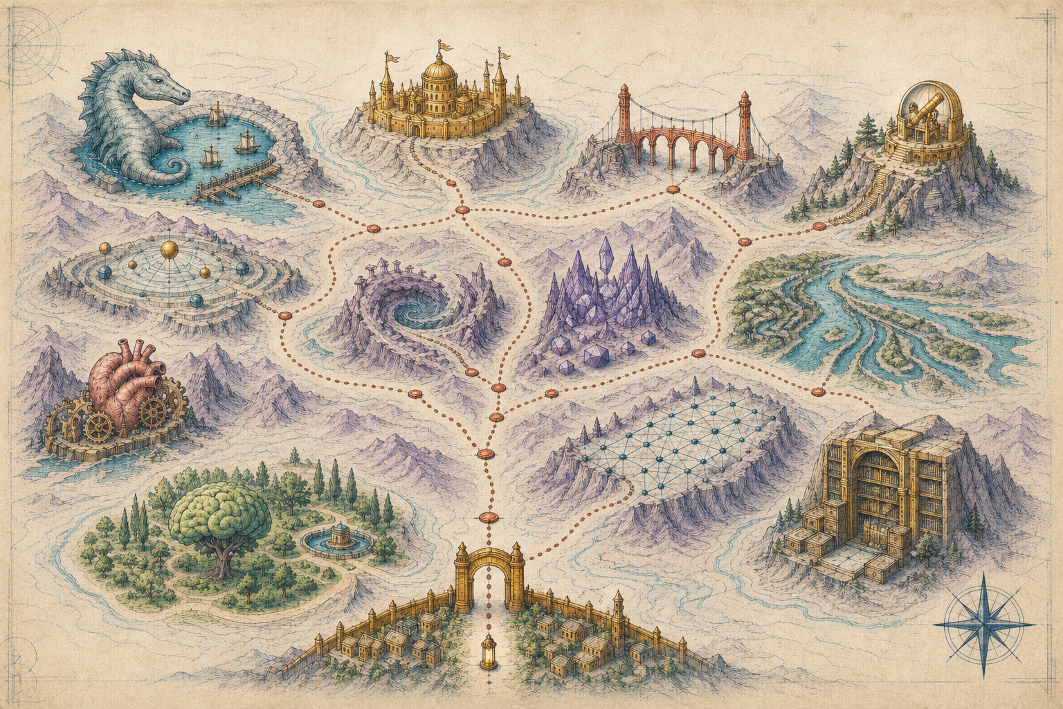 A colour technical-paper atlas with the City gate, twelve research territories, and dotted routes through a conceptual landscape